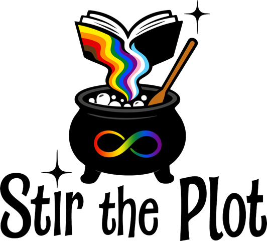 the Stir the Plot Books logo, a bubbling cauldron with a pride rainbow coming out with steam into the shape of a book. The text below the cauldron says 'Stir the Plot Books'. There is a rainbow infinity symbol on the cauldron.